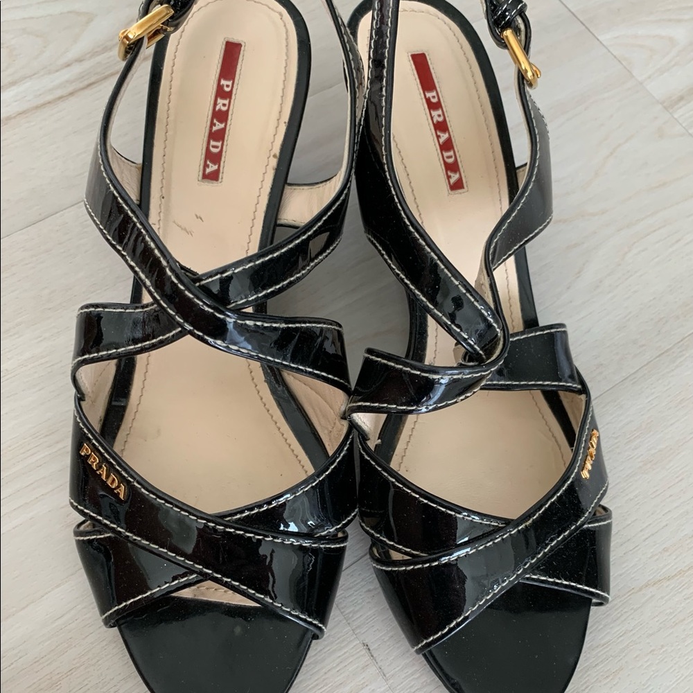 Prada black patent leather wedge sandals